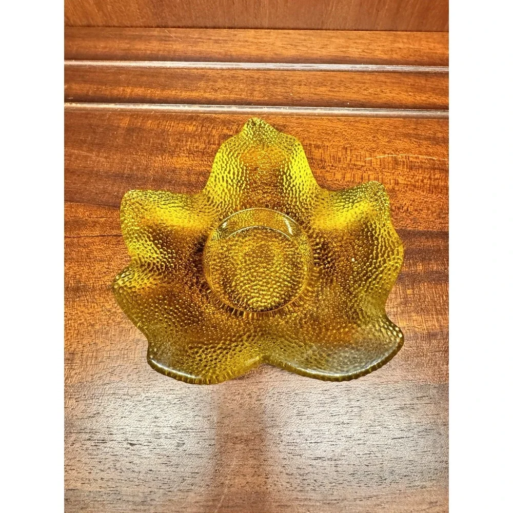 Amber Glass Leaf‎ Candle Holder MCM Style Textured Decor